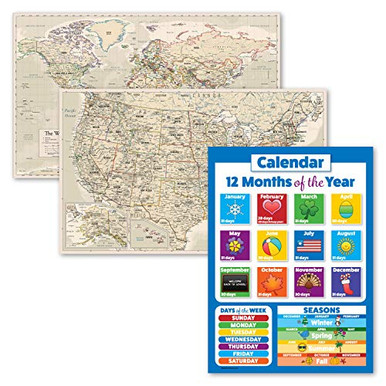 3 Pack - Antique Style World and USA Map Poster Set plus Days of The ...