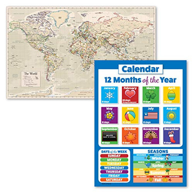 2 Pack - Antique Style World Map Poster plus Days of The Week and ...