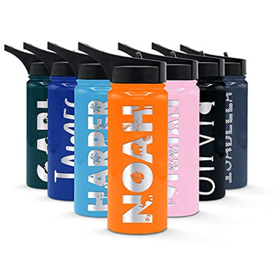 Personalized Kids Water Bottle with Straw Lid on Bright Orange Gloss ...