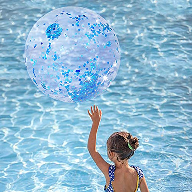 24 Inch Sequin Beach Ball Jumbo Pool Toys Blue Glitter Inflatable Clear ...