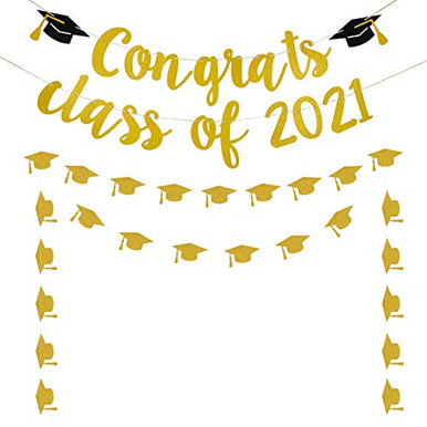 Gold Congrats Class Of 2021 Banner and Graduation Cap Garland Banner ...