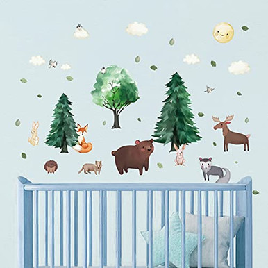 decalmile Woodland Animals Wall Decals Pine Tree Bear Fox Deer Wall ...