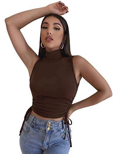 Floerns Women's Drawstring Side Sleeveless High Neck Ruched Rib Knit ...