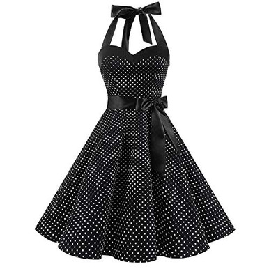 Women's 1950s Vintage Polka Dot Halter Cocktail Swing Dress - Rockabilly Audrey Hepburn Style, Red, Small