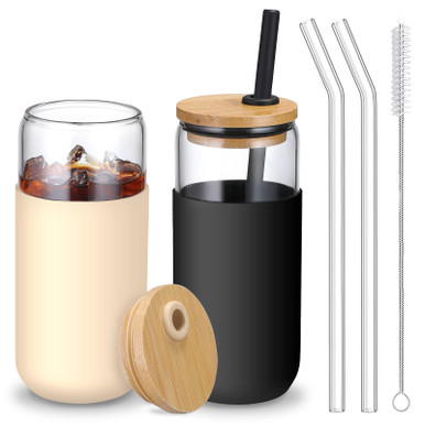 20 OZ Glass Cups with Bamboo Lids and Straws - Beer Can Shaped Drinking ...