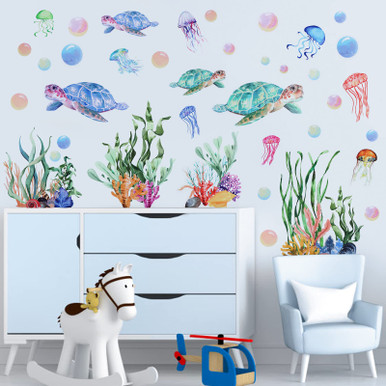 Under The Sea Wall Decals Sea Turtle Seaweed Wall Stickers Kalolary 3D ...