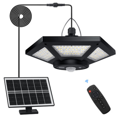 LVJING 180LED Solar Pendant Light – 6 Adjustable Panels, Motion Sensor, Remote Control, IP65 Waterproof, 1500 Lumen For Shed, Garage, Barn, Gazebo