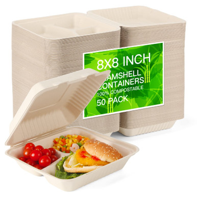 Sunlive 100% Home Compostable 50 Pack Disposable Clamshell Take Out ...