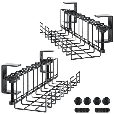 Yecaye 2-Pack Under Desk Cable Management Tray – No Drill Clamps, Sturdy Metal, 10 Lb Capacity, For Office & Standing Desks 0.4-2.3 Inch Thick