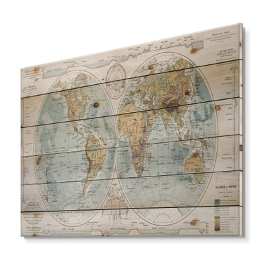 DesignQ Ancient Map Of The World Ii Rustic Wood Wall Decor, Blue Wood ...