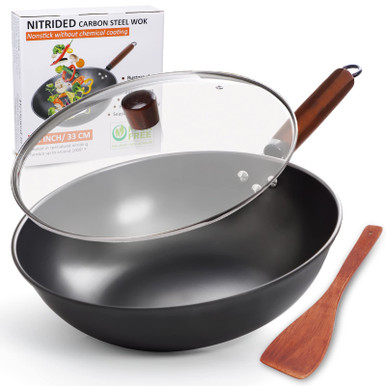 Clatine Wok Pan with Lid, 13 Inch Wok & Stir-fry Pan with Wooden ...
