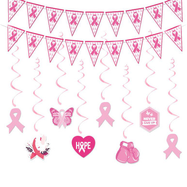 Breast Cancer Awareness Decorations - Pink Ribbon Banner & Foil Hanging Swirls Set