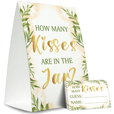 Bridal Shower Game Cards Kit - Guess How Many Kisses, Includes Standing Sign & 50 Cards, Greenery Gold Theme