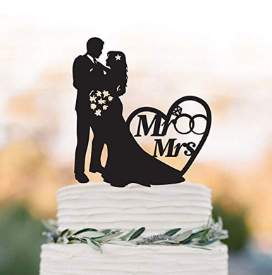 Mr And Mrs Wedding Cake Topper With Rings And Heart Decor Bride And ...