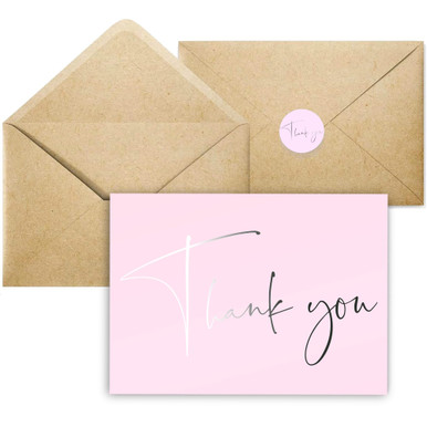 30 Pink Thank You Cards With Kraft Envelopes & Matching Stickers, Bulk ...