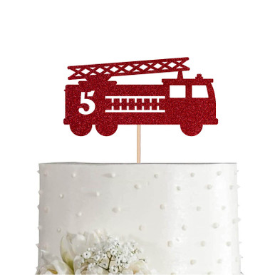 "Fire Truck 5th Birthday" Cake Topper - Red Glitter, Firefighter Theme Decoration For Boy's Party