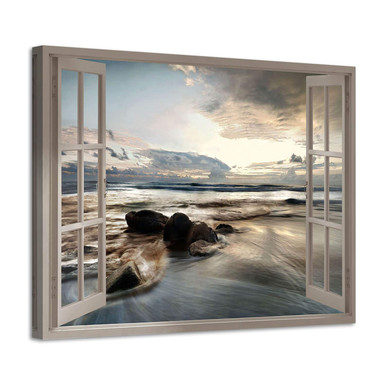 Window Canvas ARTISTIC PATH Open Window Canvas Artwork Print: Rocky Beach with Sunset ...