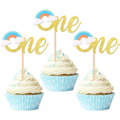 24 Pack Rainbow One Cupcake Toppers Glitter Baby First Birthday Party ...