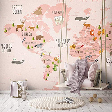 Pink Map Nursery Wallpaper, Kids Map Wall Poster, Trend Kid Map Wall ...