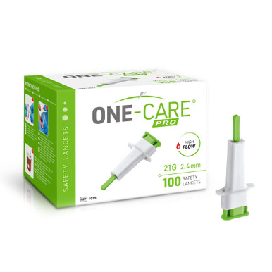 ONE-CARE PRO Safety Lancets, Top Push Button Activated, 21G x 1.8mm, 100/bx, Sterile