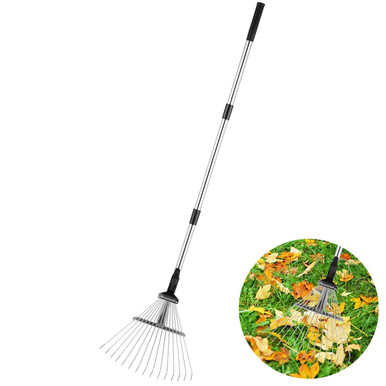 Adjustable Metal Leaf Rake 60 inch, 15 Tines Collapsible & Telescopic ...