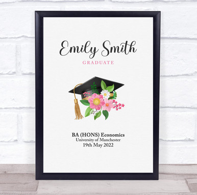 Graduation Cap and Pink Flowers Congratulations Personalized Wall Art ...