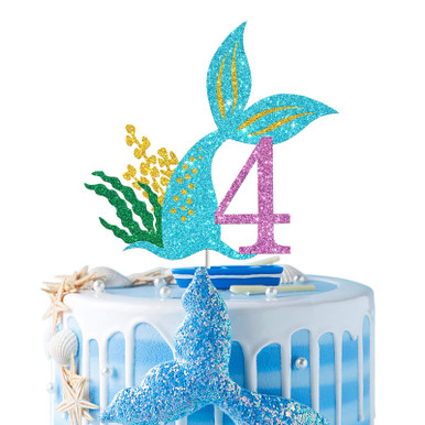 Meerjungfrau 4th Birthday Cake Topper – Lila Glitzer, Für 15–25 Cm Kuchen, Partydekoration