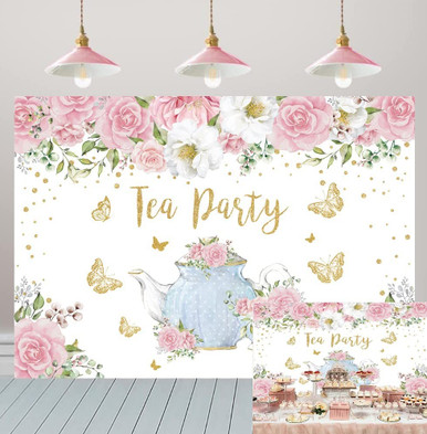 Tea Party Backdrop Pink Rose Floral Gold Butterfly Teapot Let's Partea ...