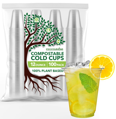 Stock Your Home 12 oz Clear Compostable Cold Cups (100 Pack) Plant ...