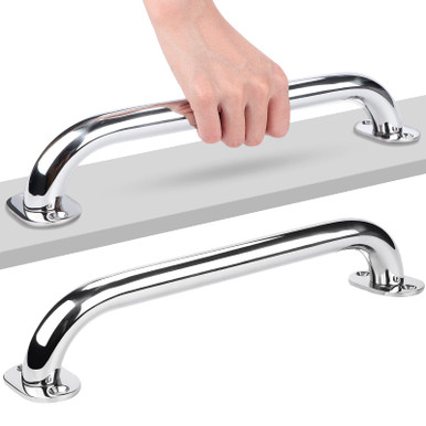 M-ARINE BABY Polished Stainless Heavy Duty Oval Boat Marine Grab Handle Hand Rail With Flange & Stud   12" Long