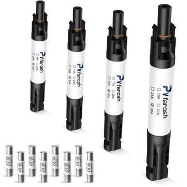 Pvfarosh 20A MC4 Solar Fuse Connector – IP68 Waterproof, 1000V In-Line Fuse Holder (4 Fuses + 2 Connectors)