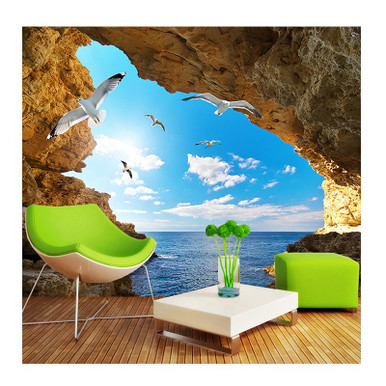 TOKMOCO Custom Wallpaper Murals 3D Blue Sky White Clouds Seagulls Cave ...