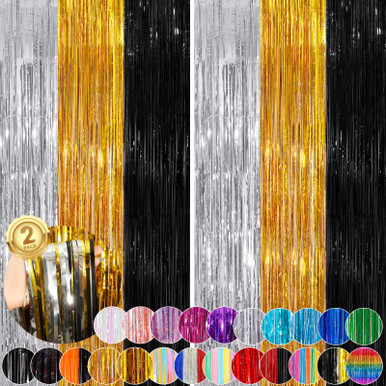 2 Pack Black Fringe Curtains - 3.3x8.3 Ft Foil Fringe Backdrop For Parties & Events