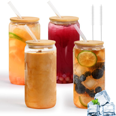 4 Pack Glass Cups with Bamboo Lids and Glass Straw, 16oz Beer Can ...