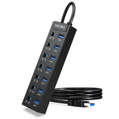 Hub USB 3.0 7 Ports Avec Alimentation - Transfert 5 Gbit/s, Aluminium, Câble 1,2 M, Pour PC, Mac, Disques Durs