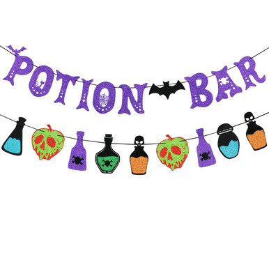 Purple Glitter Potion Bar Banner with Potion Signs Halloween Hocus ...