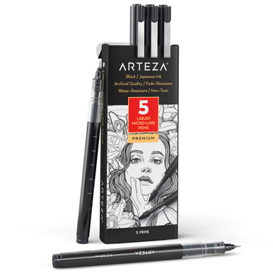 ARTEZA Micro-Line Ink Pens, Set of 5, Black Fineliners with Japanese ...