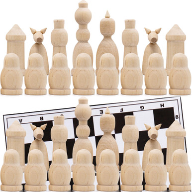 Unfinished Wood Chess Pieces with Vinyl Chess Board - Paint Your Own ...