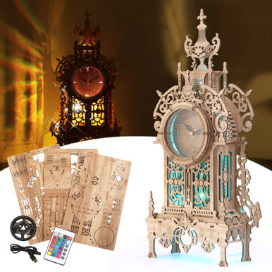 3D Wood Puzzle LED Tower Clock - DIY Building Model With 16-Color Lights