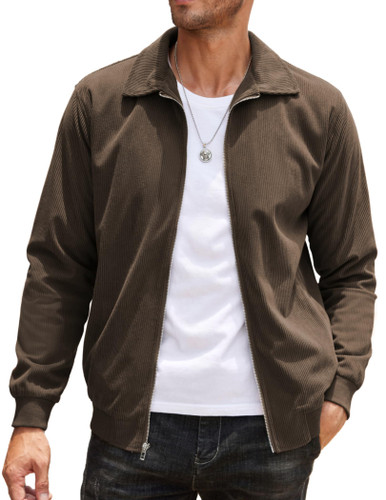 COOFANDY Men's Vintage Jacket Corduroy Casual Zip-Front Brown Bomber ...