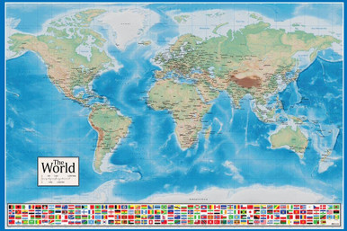 Cool Laminated World Map Poster - Modern Blue Ocean Design With Country Flags - Dry Erase Wall Art 24x16