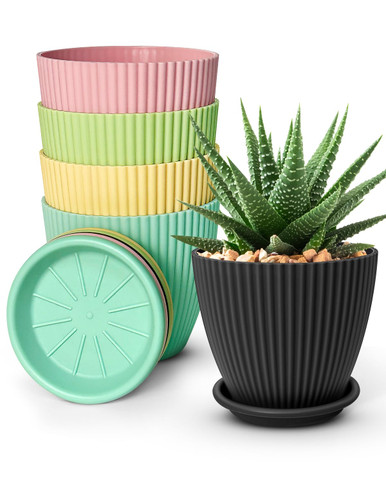 VINEDI 6 Inch Plant Pots, 5 Pack Plastic Planters Modern Flower Pot ...