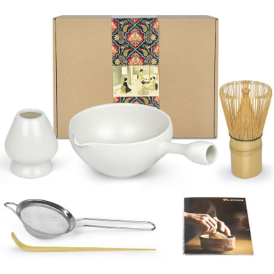 Artcome Matcha Ceremony Kit for Japanese Tea Ceremony, Bowl with Spout, Whisk, Teaspoon, Matcha Powder Strainer, Matcha Tea Set for Making Usucha, Koicha and Matcha Latte (Grey