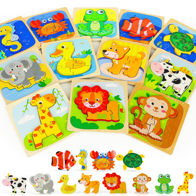 TOY Life Wooden Animal Puzzles for Toddlers 1-3, 12 Pack Baby Puzzle ...
