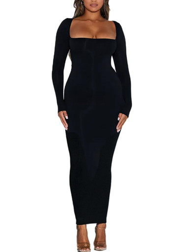 Elegant Women's Long Sleeve Bodycon Cocktail Dress – Square Neck With Lace Detail & Side Slit