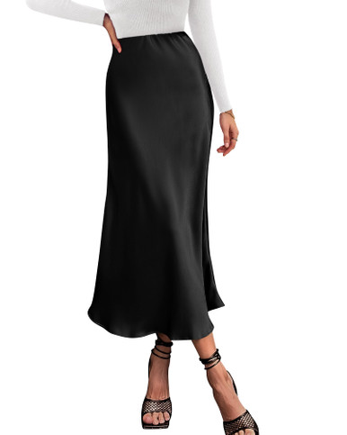 Women Summer A Line Satin Midi Skirts Elegant Office Style Party Lady Solid High Waist Long Skirt