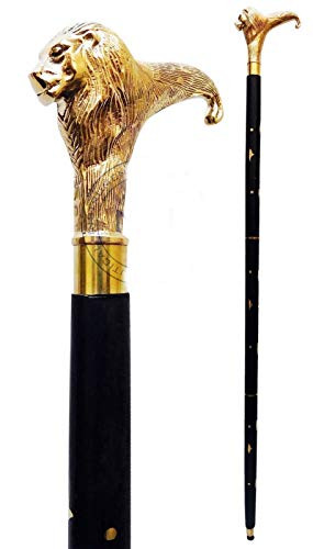 Handmade Solid Brass Lion Head Handle Wooden Walking Stick Vintage Designer Cane for Men & Women
