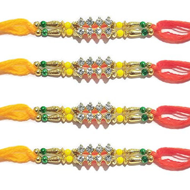 IndiaBigShop Set of 4 Rakhi for Brothers 8 Stone Studded in Rectangle ...