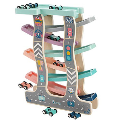 Joqutoys Wooden Ramp Race Car 7 Ramp Track Parking Garage with 8 Mini ...