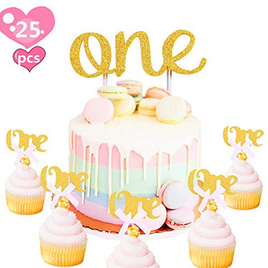 JeVenis 25 PCS Glitter Gold One Cupcake Topper 1st First Birthday Cake ...